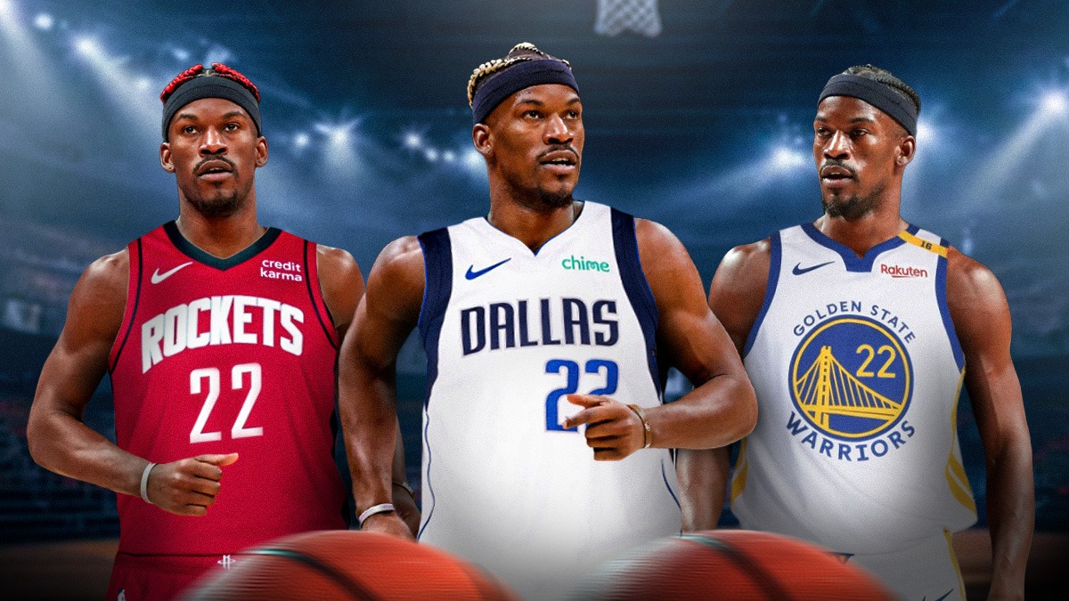 Jimmy Butler photoshopped in a Rockets jersey, Butler photoshopped in a Mavericks jersey, and Butler photoshopped in a Warriors jersey. Number 22 on all of these jerseys.