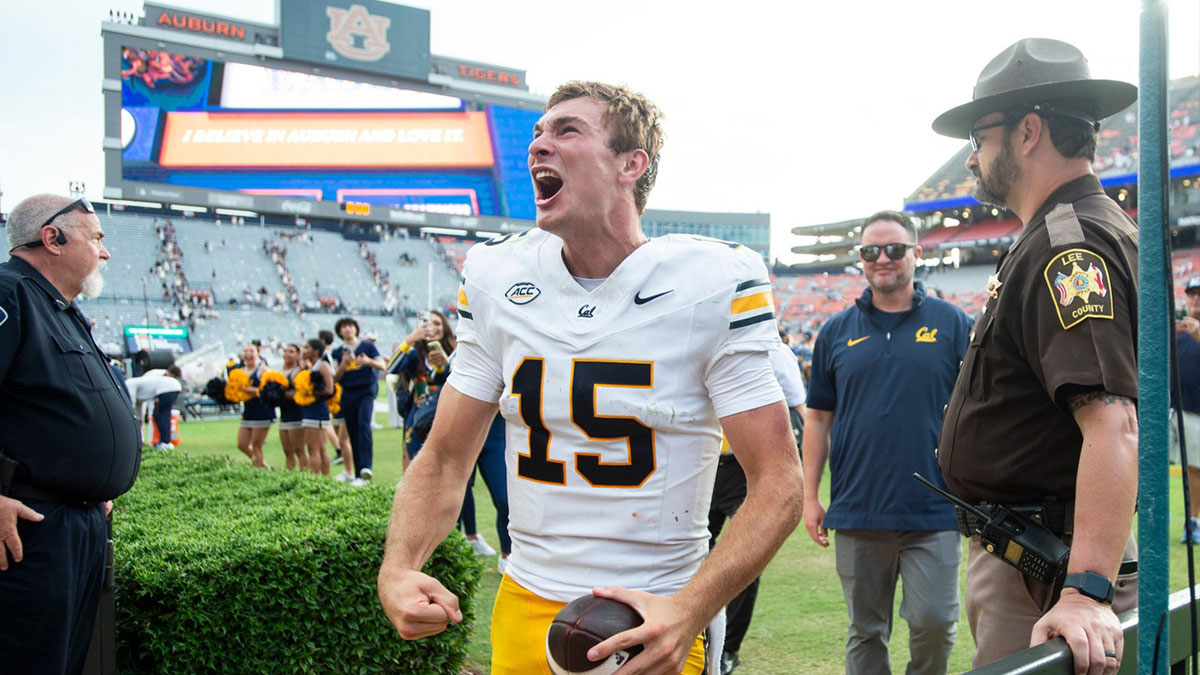 California Golden Bears quarterback Fernando Mendoza (15) celebrates with fans after the game as Auburn Tigers take on California Golden Bears at Jordan-Hare Stadium in Auburn, Ala., on Saturday, Sept. 7, 2024. California Golden Bears defeated Auburn Tigers 21-14.