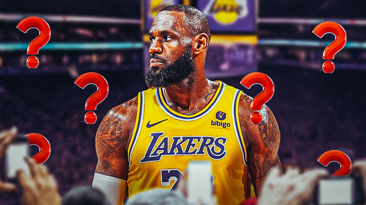 LeBron James in a Lakers jersey with question marks surrounding the picture.