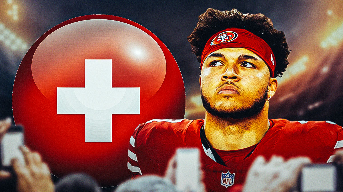 San Francisco 49ers RB Isaac Guerendo with an injury symbol. There is also a logo for the San Francisco 49ers.