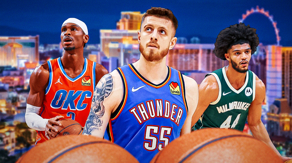 Thunder center Isaiah Hartenstein next to Bucks forward Andre Jackson Jr. with Shai Gilgeous-Alexander & the Las Vegas skyline in the background