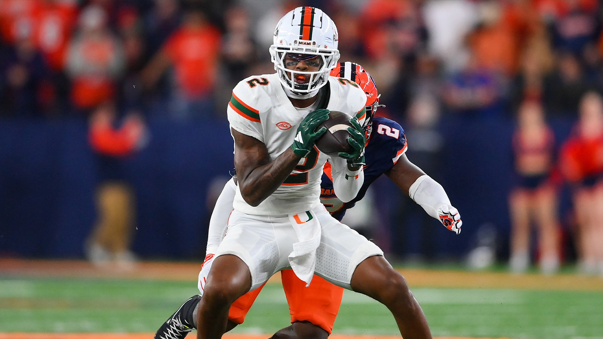 Miami Hurricanes wide receiver Isaiah Horton (2) catches the ball against Syracuse Orange linebacker Marlowe Wax (2) during the second half at the JMA Wireless Dome.