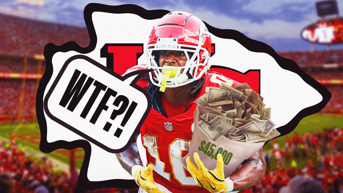 Chiefs RB Isiah Pacheco looking angry/mad with speech bubble above his head that says, "WTF?!" Pacheco is holding a bag of money that says "$45,000" on it. Behind Pacheco is a Chiefs logo. Background is GEHA Field at Arrowhead Stadium.