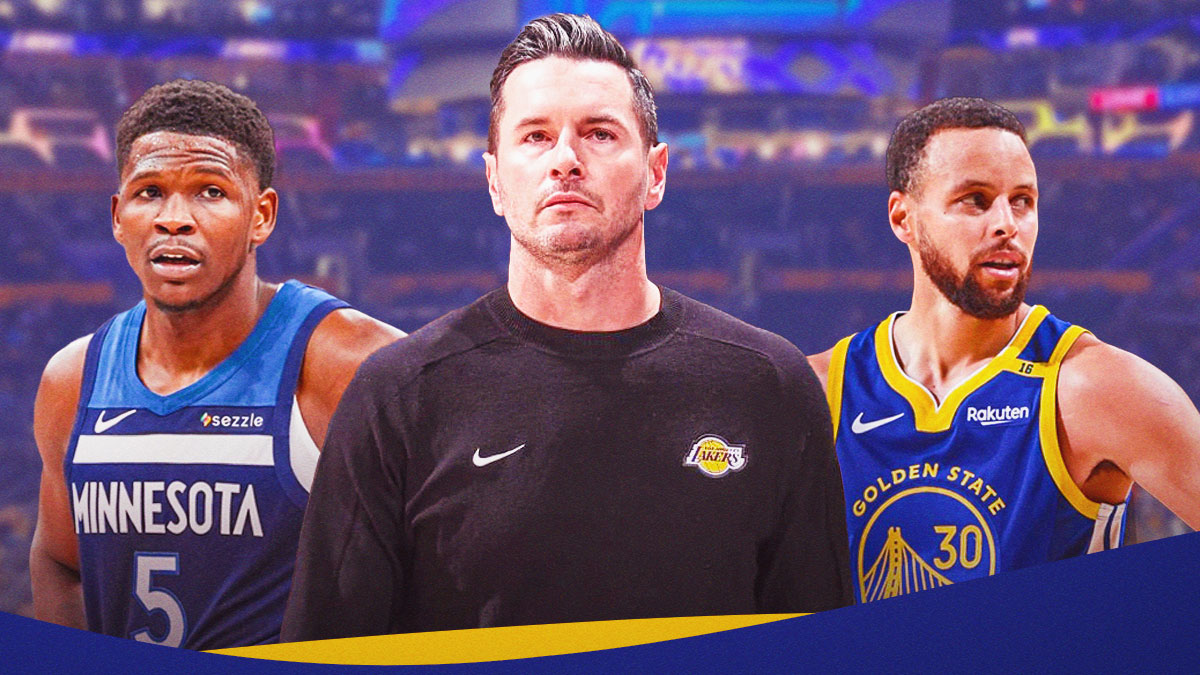 LA Lakers head coach JJ Redick in the middle of the image, three-point. Have Golden State Warriors player Stephen Curry on one side of him. Have Minneosota Timberwolves player Anthony Edwards on the other side of him.
