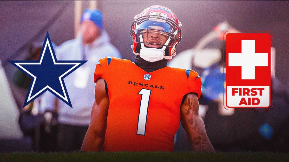 Ja'Marr Chase with a first aid logo in front of AT&T Stadium and a Cowboys logo