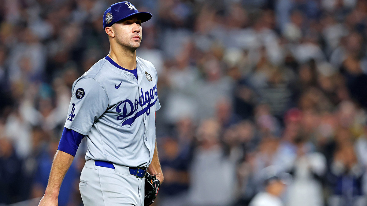 Los Angeles Dodgers pitcher Jack Flaherty (0) reacts after being relieved during the second inning against the New York Yankees in game four of the 2024 MLB World Series at Yankee Stadium.