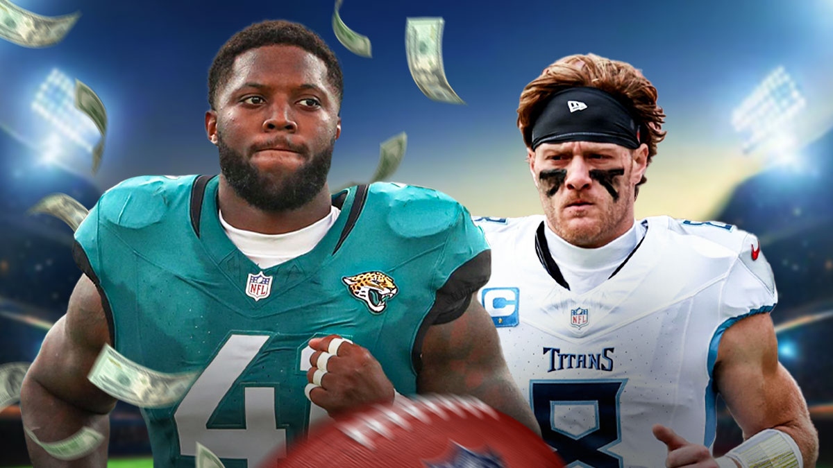 Josh Hines-Allen in a Jacksonville Jaguars uniform with Will Levis in a Tennessee Titans uniform looking hurt with money floating all around as HInes-Allen was fined for hitting Levis.
