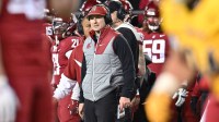 Washington State Cougars head coach Jake Dickert looks on against the Wyoming Cowboys in the first half at Gesa Field at Martin Stadium