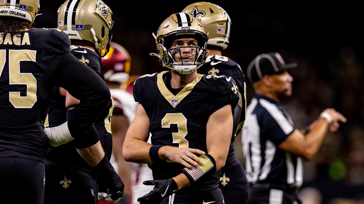 New Orleans Saints quarterback Jake Haener (3) looks on against the Washington Commanders during the first half at Caesars Superdome