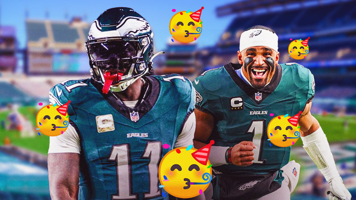 Jalen Hurts and AJ Brown with celebratory emojis surrounding the picture.