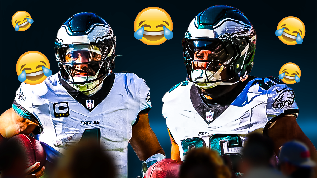 Eagles' Jalen Hurts and Saquon Barkley with laughing emojis above them