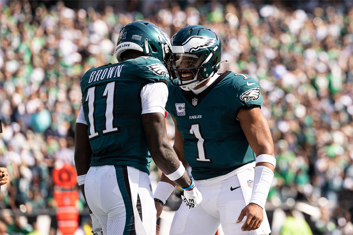 Philadelphia Eagles quarterback Jalen Hurts (1) and wide receiver A.J. Brown (11) celebrate their touchdown pass during the second quarter against the Cleveland Browns at Lincoln Financial Field.