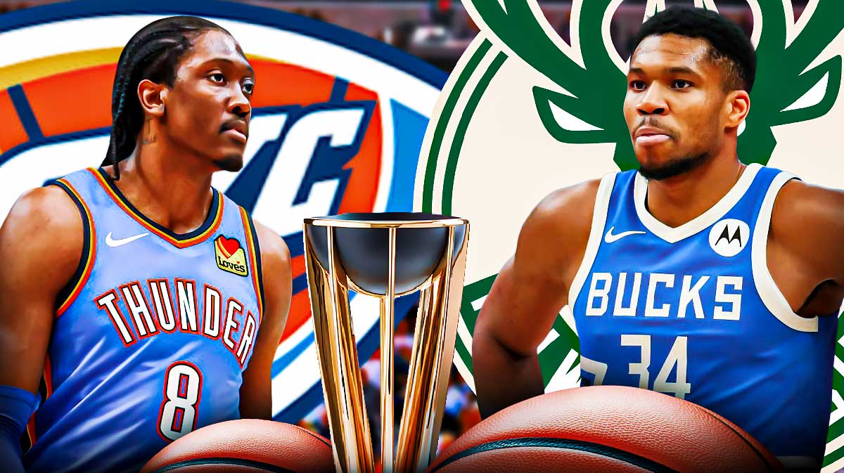 Thunder forward Jalen Williams next to Bucks superstar Giannis Antetokounmpo with the NBA Cup trophy (not the Larry O'Brien) in between and the Thunder and Bucks logos in the background