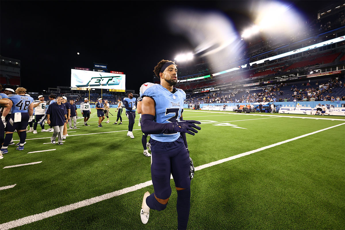 Tennessee Titans safety Jamal Adams (33) leaves the field after celebrating a win over the Seattle Seahawksat Nissan Stadium.