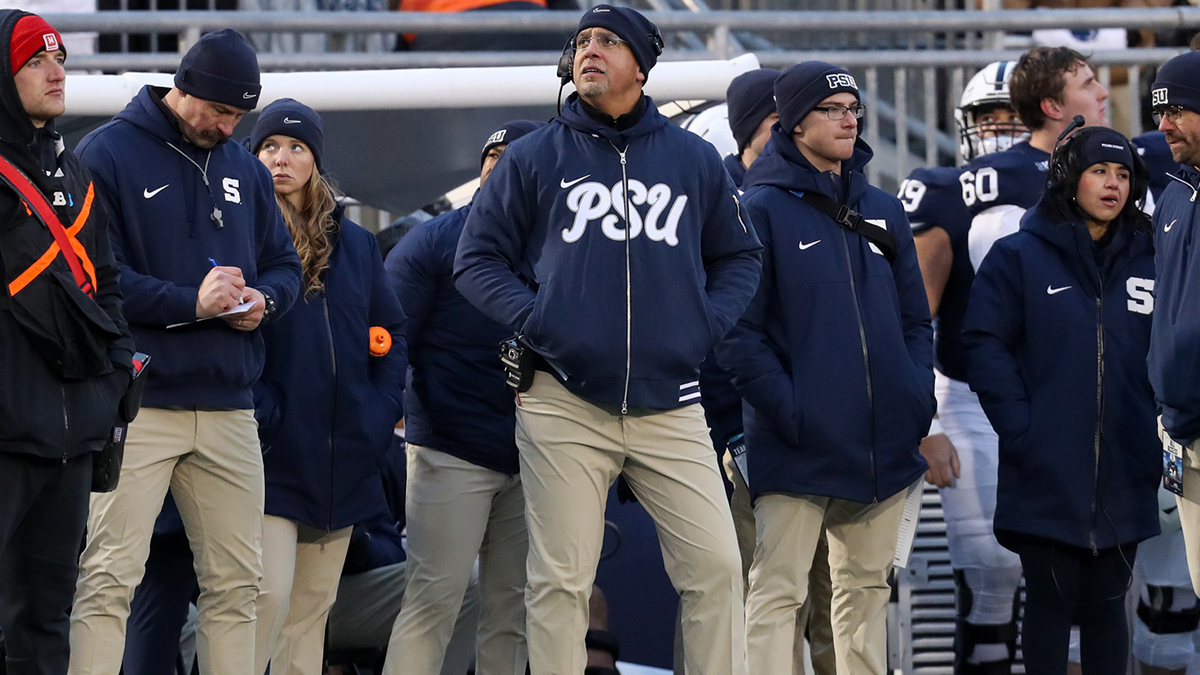 Penn State Nittany Lions head coach James Franklin (middle) looks on from the sideline during the first quarter against the Maryland Terrapins at Beaver Stadium.