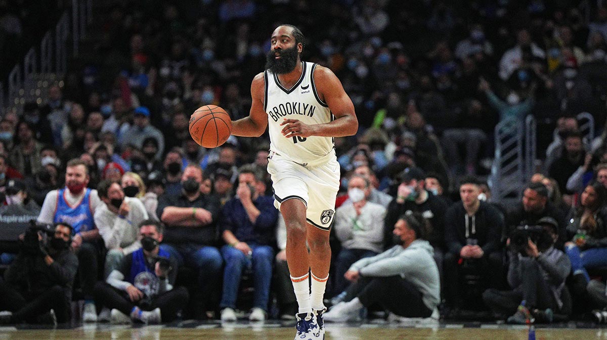 Brooklyn Nets guard James Harden (13)n dribbles the ball against the LA Clippers in the second half at Crypto.com Arena. 