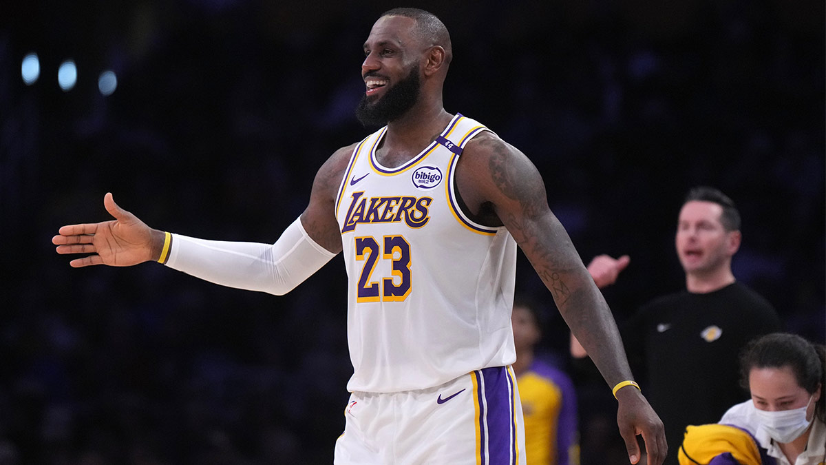 Los Angeles Lakers forward LeBron James (23) reacts in the first half against the Memphis Grizzlies at Crypto.com Arena.