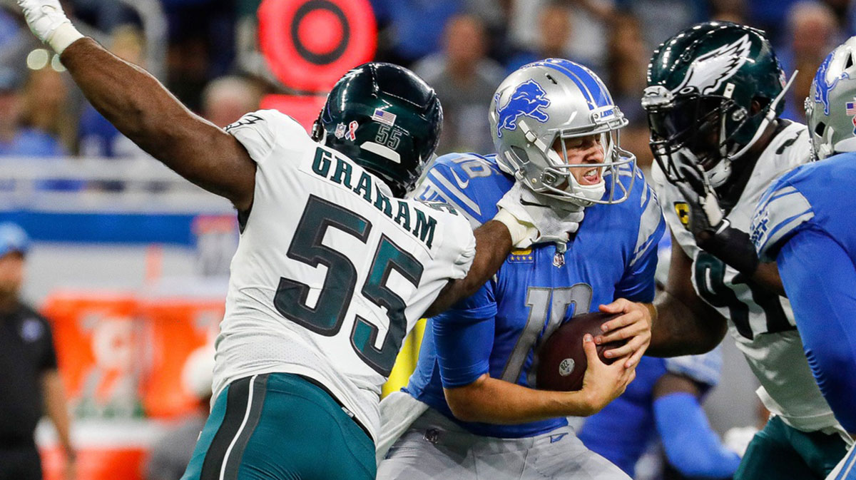 Philadelphia Eagles defensive end Brandon Graham tackles Detroit Lions quarterback Jared Goff during the second half at Ford Field, Sept. 11, 2022. Nfl Philadelphia Eagles At Detroit Lions