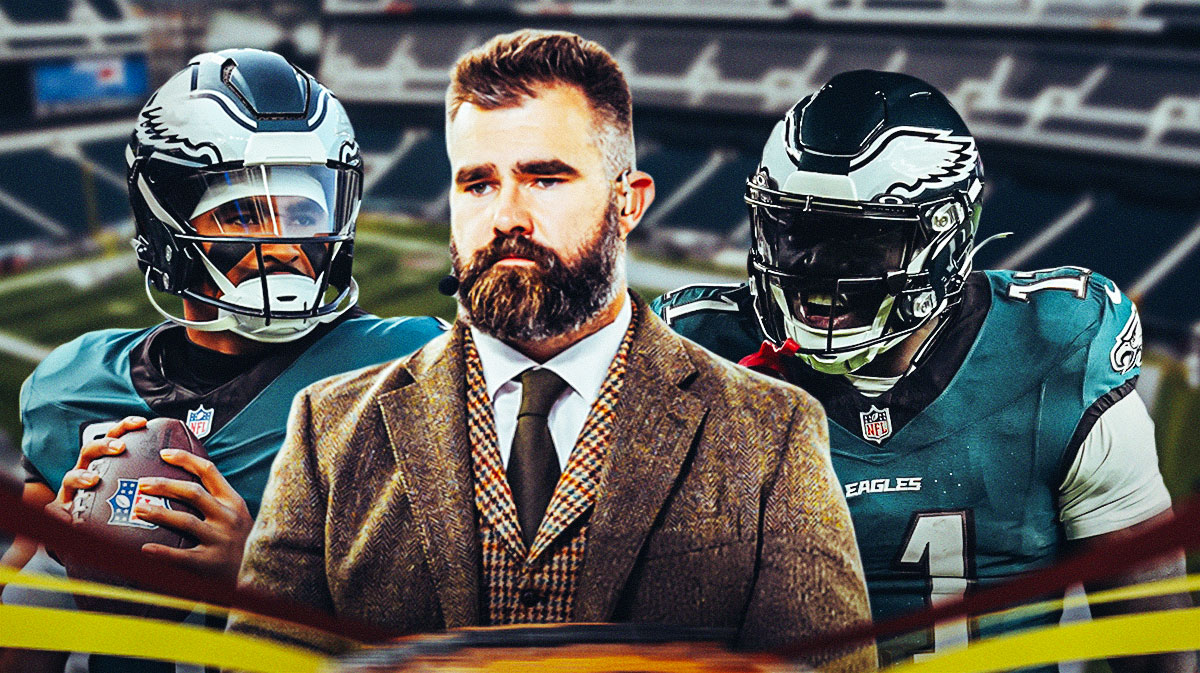 Former Philadelphia Eagles star Jason Kelce in the middle of Jalen Hurts and A.J. Brown in front of Lincoln Financial Field.
