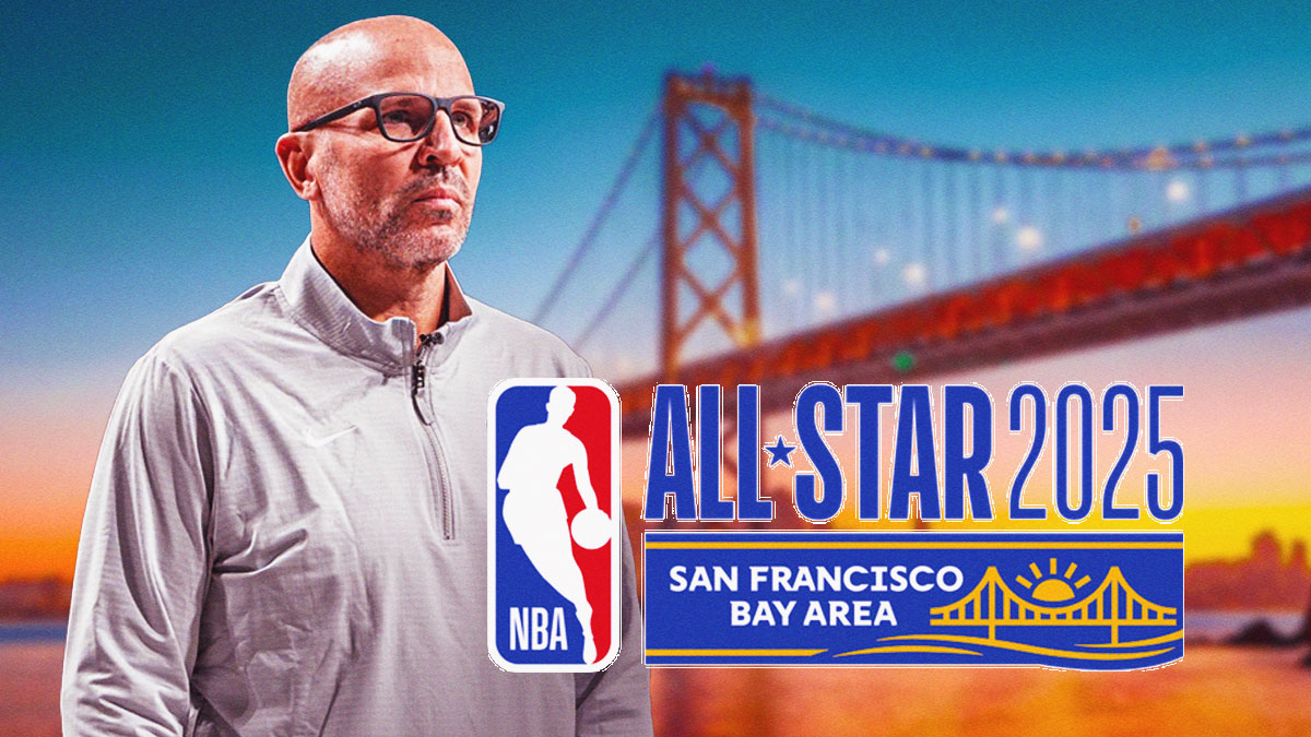 Mavericks head coach Jason Kidd next to the 2025 NBA All-Star Game logo with the San Francisco skyline in the background