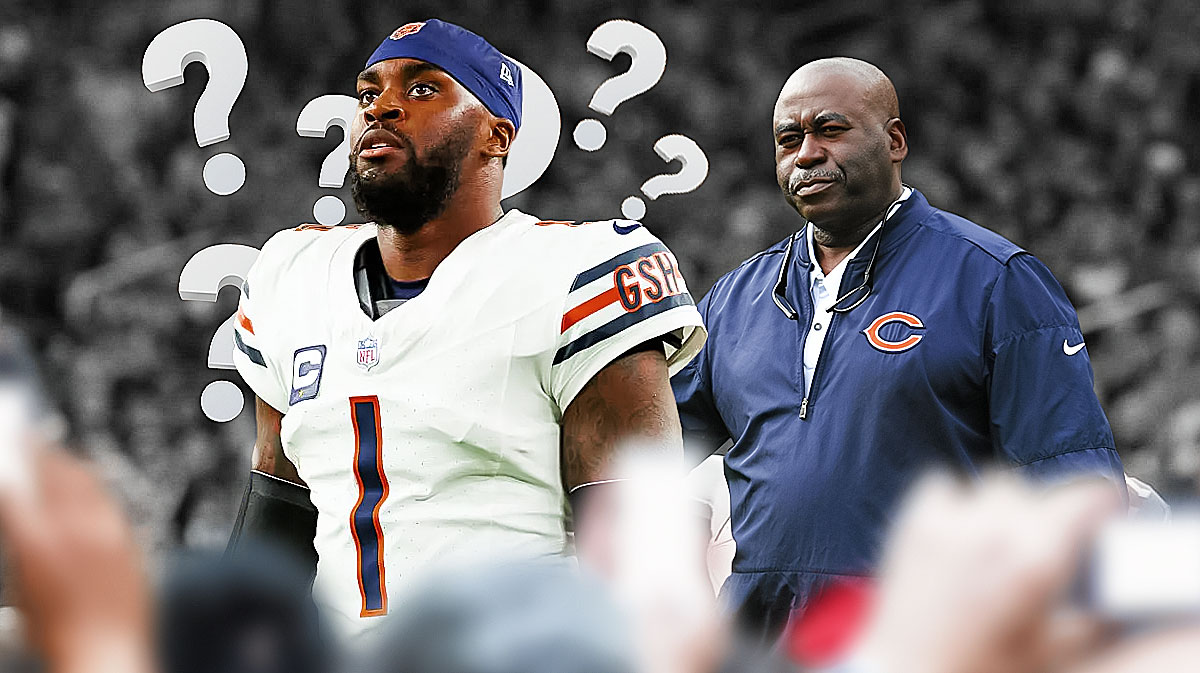 Bears Jaylon Johnson looking confused with a question mark over him and Bears' Tony Medlin in the background