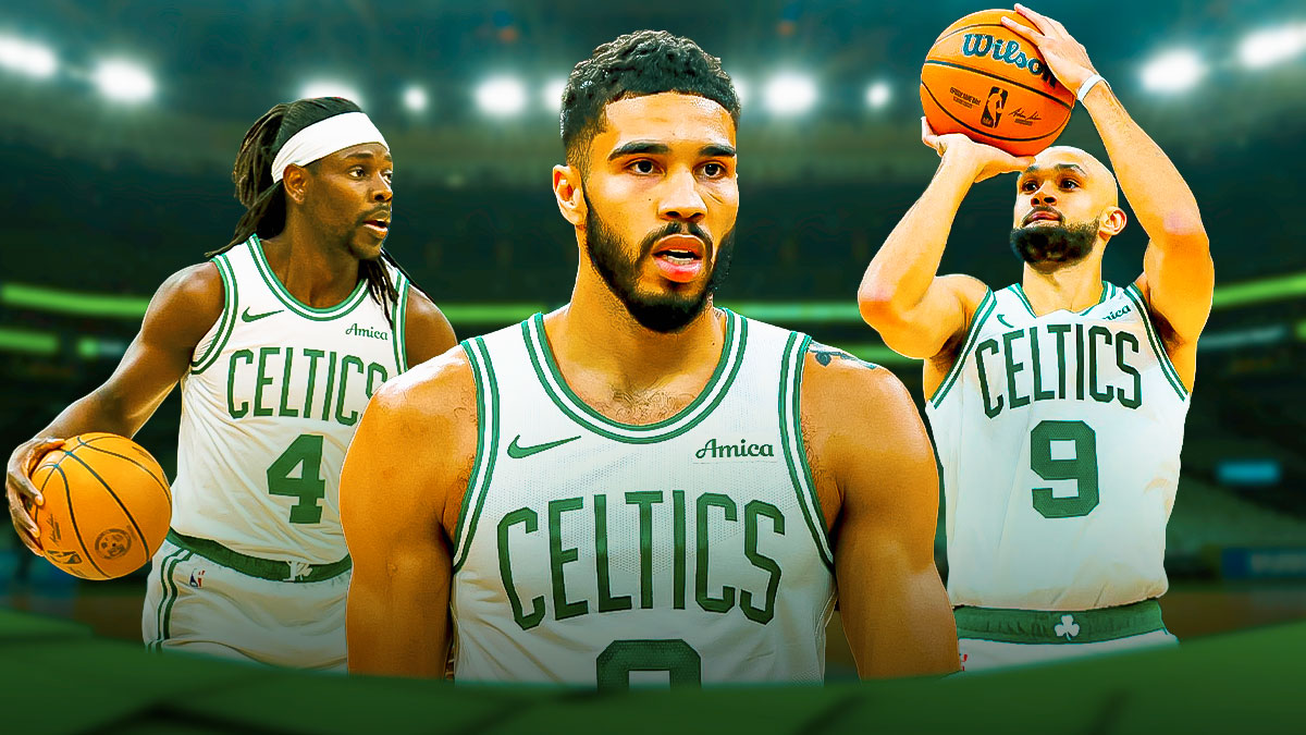 Celtics Jayson Tatum in front looking serious. Celtics Jrue Holiday in background on left dribbling a basketball, Celtics Derrick White in background on right shooting a basketball.