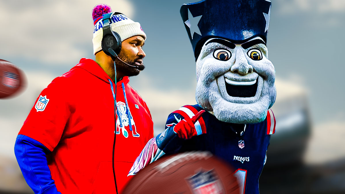 Jerod Mayo next to the Patriots mascot in front of the Patriots stadium