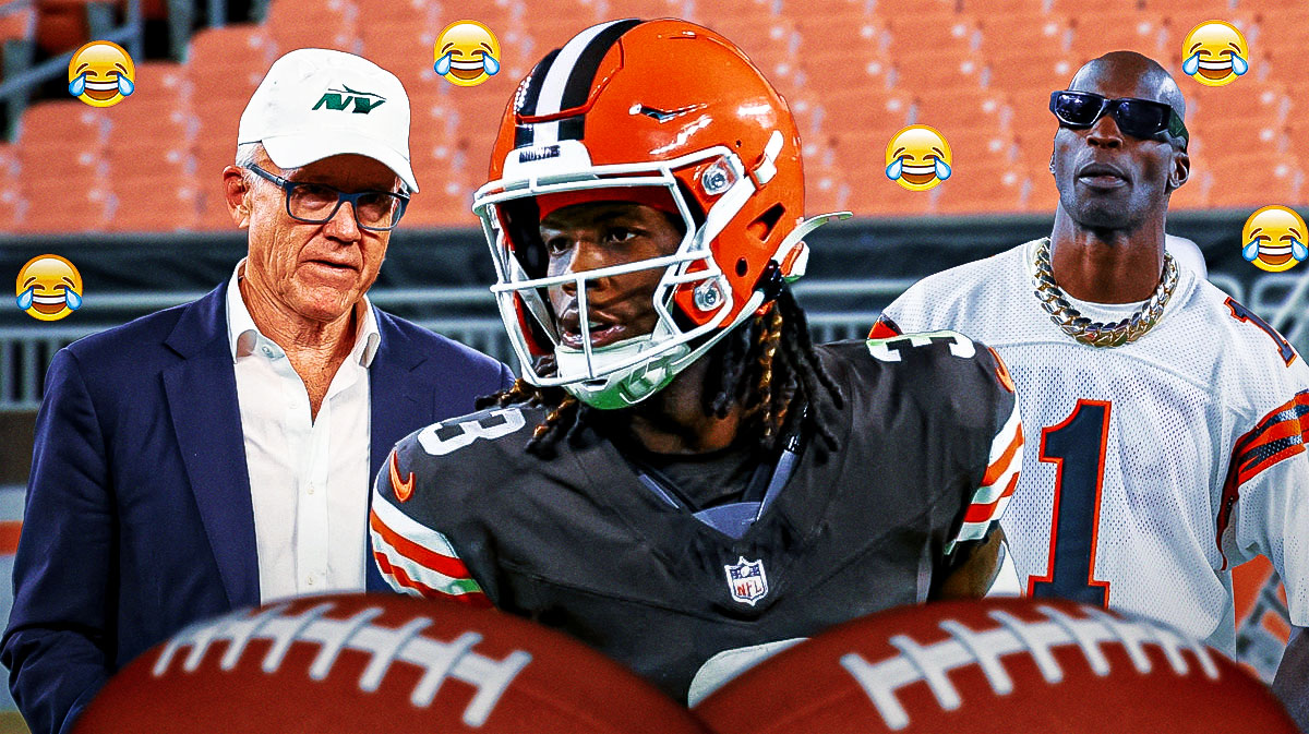 Jerry Jeudy in the middle, Cahd Ochocinco on one side, Woody Johnson on the other side, a bunch of crying laughing emojis in the background
