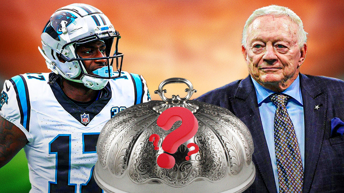 Pics of Jerry Jones and Xavier Legette, with a covered silver dinner platter in front of them that has a "?" on it