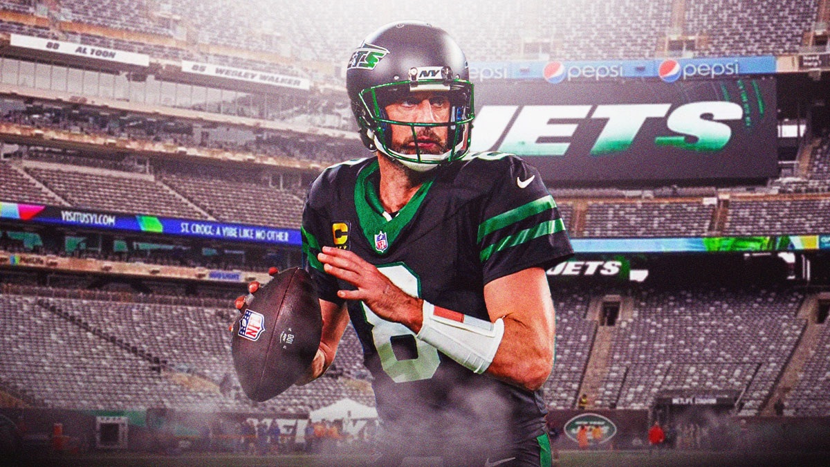 New York Jets star Aaron Rodgers in front of MetLife Stadium.