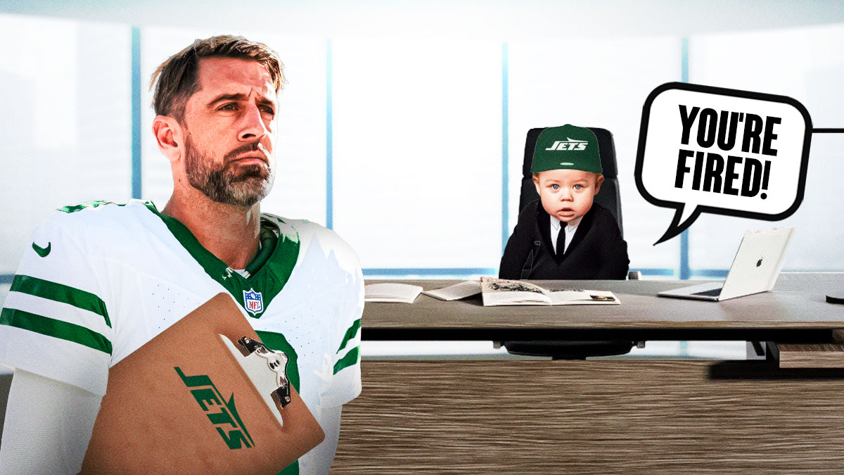 Jets QB Aaron Rodgers looking sad while a baby/young child sitting at a desk wearing a New York Jets hat has a speech bubble above their head saying, "You're fired!"