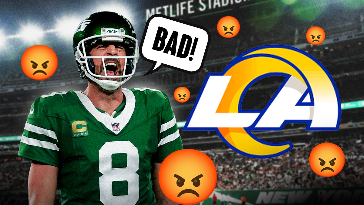 Jets QB Aaron Rodgers looking mad/angry standing next to Rams logo. Speech bubble above his head that says, "Bad!" Multiple 😡 emojis in background. Background is MetLife Stadium.
