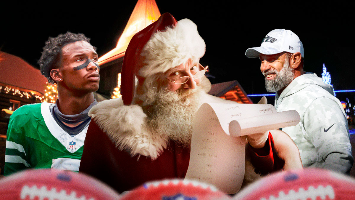 New York Jets wide receiver Garrett Wilson and interim head coach Jeff Ulbrich with Santa Claus