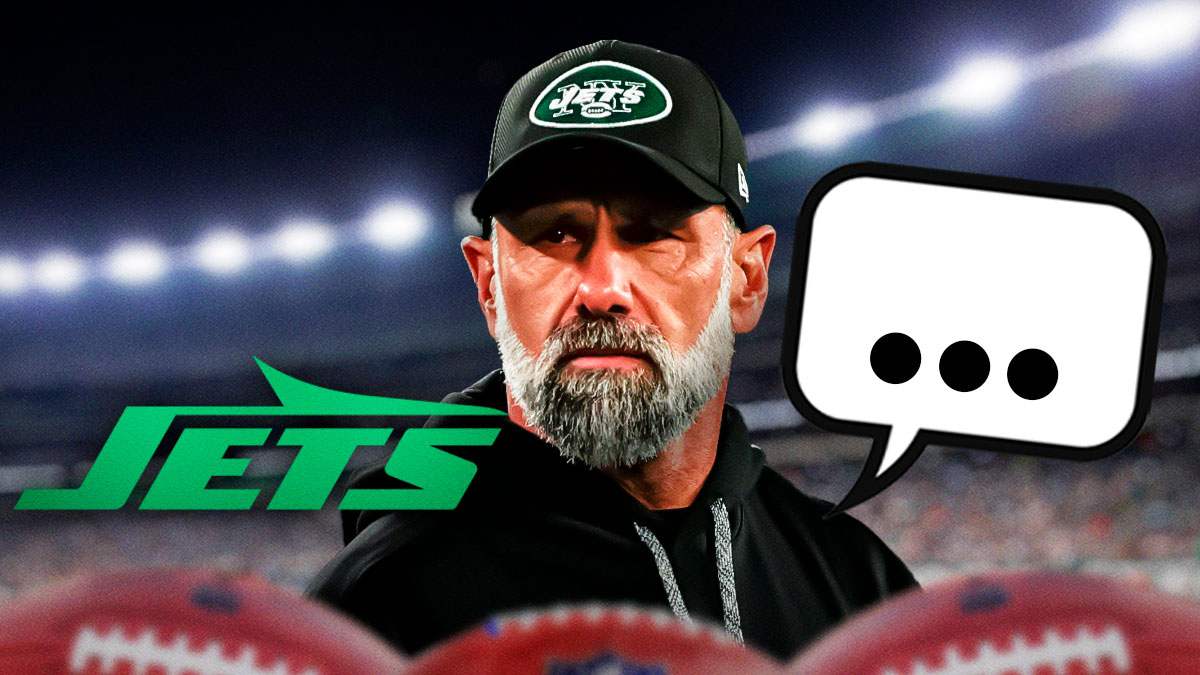 New York Jets interim head coach Jeff Ulbrich with a speech bubble that has the three dots emoji inside. There is also a logo for the New York Jets.
