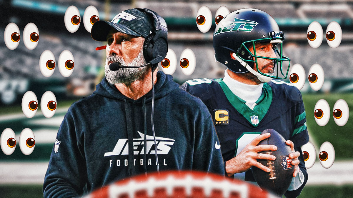 Jeff Ulbrich on one side, Aaron Rodgers on the other side, a bunch of the big eyes emojis in the background