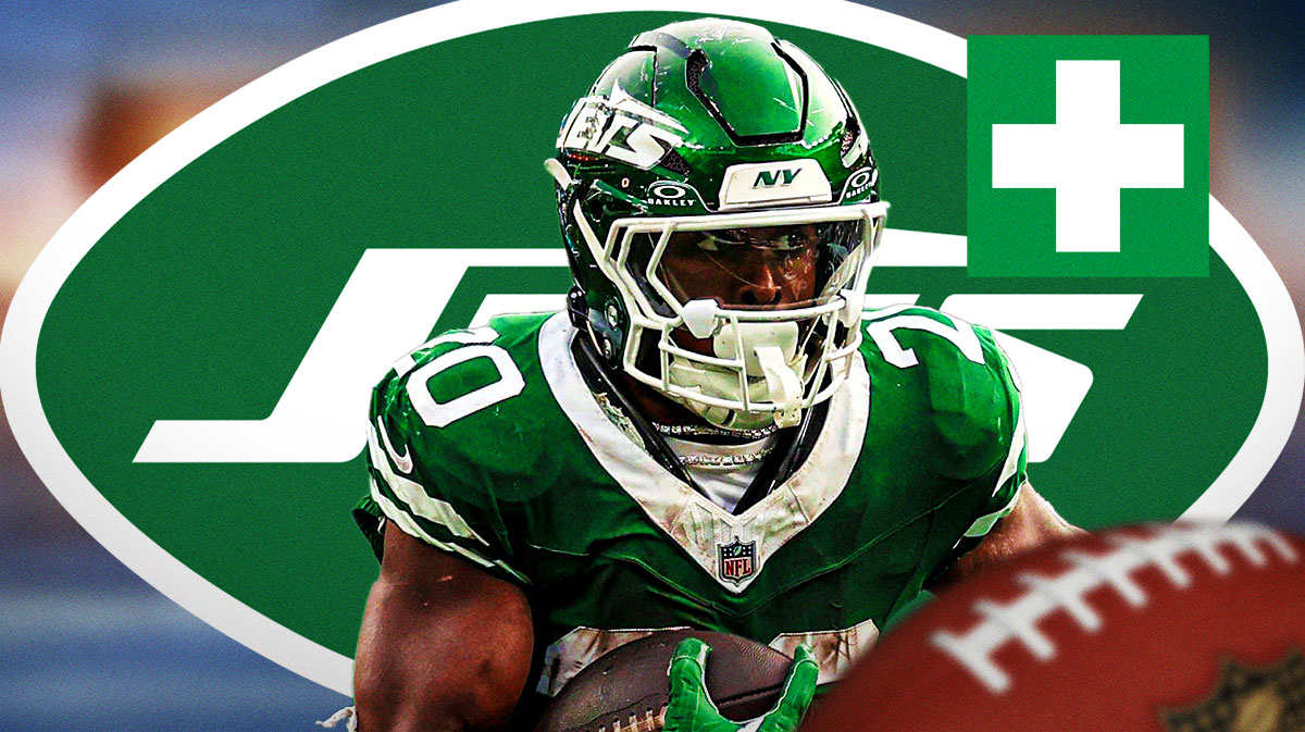New York Jets RB Breece Hall with a green injury symbol. There is also a logo for the New York Jets.