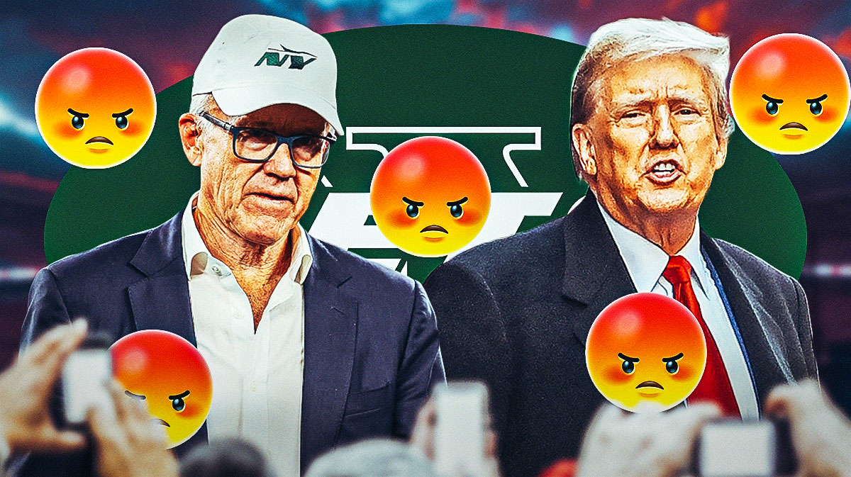 New York Jets owner Woody Johnson with U.S. President-elect Donald Trump. They are surrounded by angry emojis (😠) There is also a logo for the New York Jets.