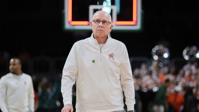 Miami Hurricanes head coach Jim Larranaga looks on after the game against the Georgia Tech Yellow Jackets at Watsco Center.