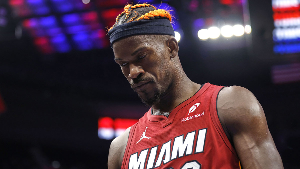 Miami Heat forward Jimmy Butler (22) leaves the court after the game against the Detroit Pistons at Little Caesars Arena.