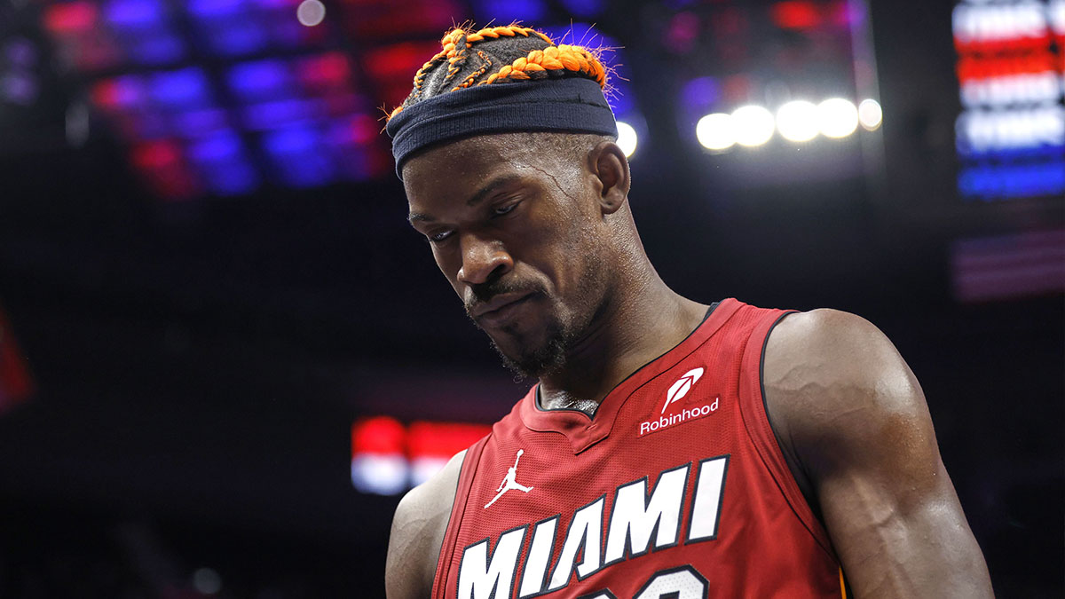 Miami Heat forward Jimmy Butler (22) walks off the court after the game against the Detroit Pistons at Little Caesars Arena.