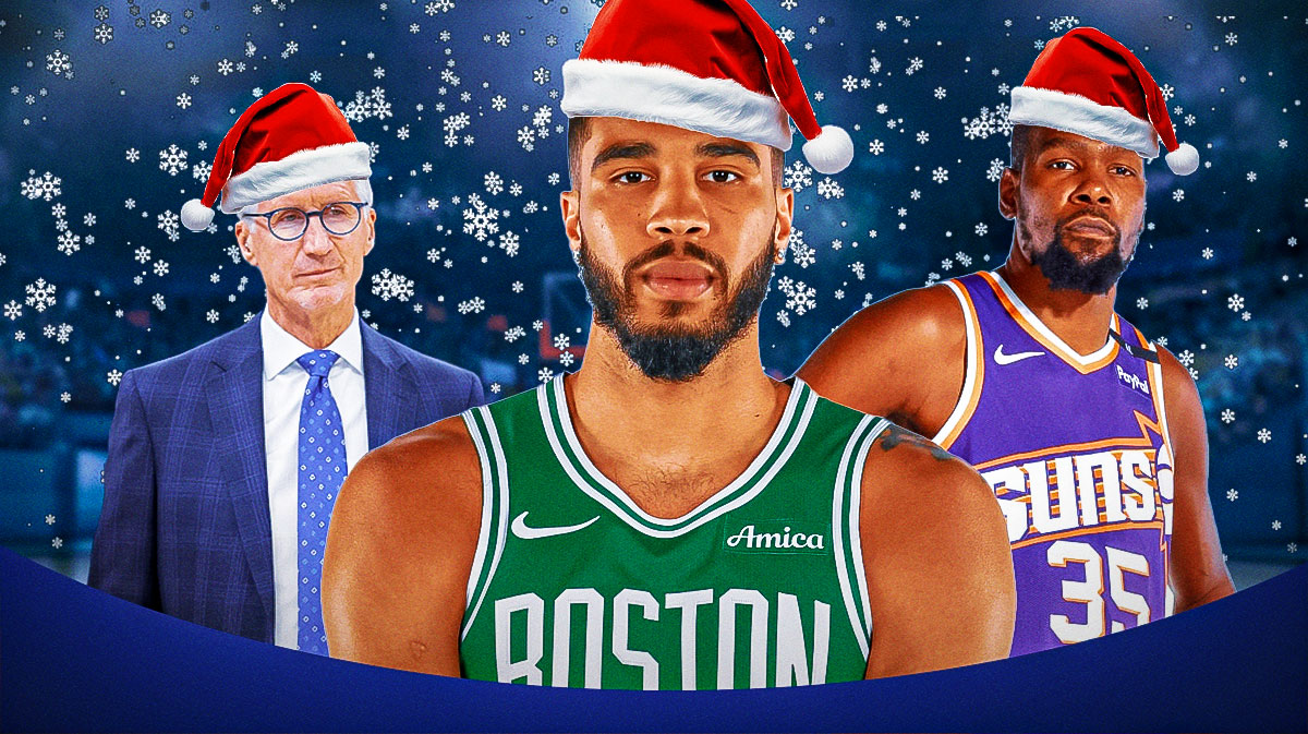 ayson Tatum, Mike Breen, and Kevin Durant with Christmas hats on and a snowy basketball arena behind them