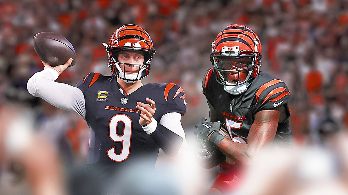 Joe Burrow in Bengals uniform next to Tee Higgins.