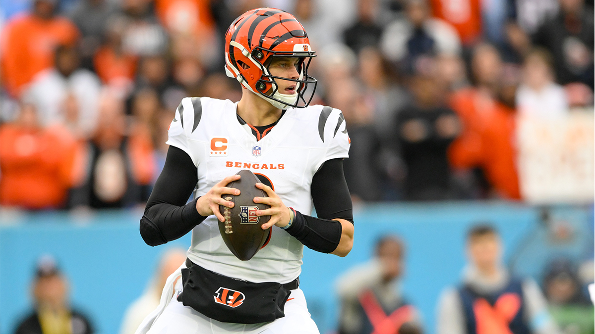 Cincinnati Bengals quarterback Joe Burrow (9) looks to throw against the Tennessee Titans during the first half at Nissan Stadium.