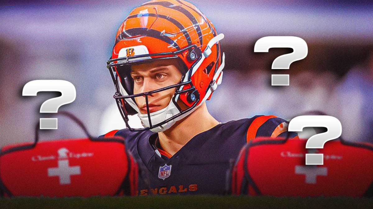 Bengals quarterback Joe Burrow with question marks and first-aid kits around him