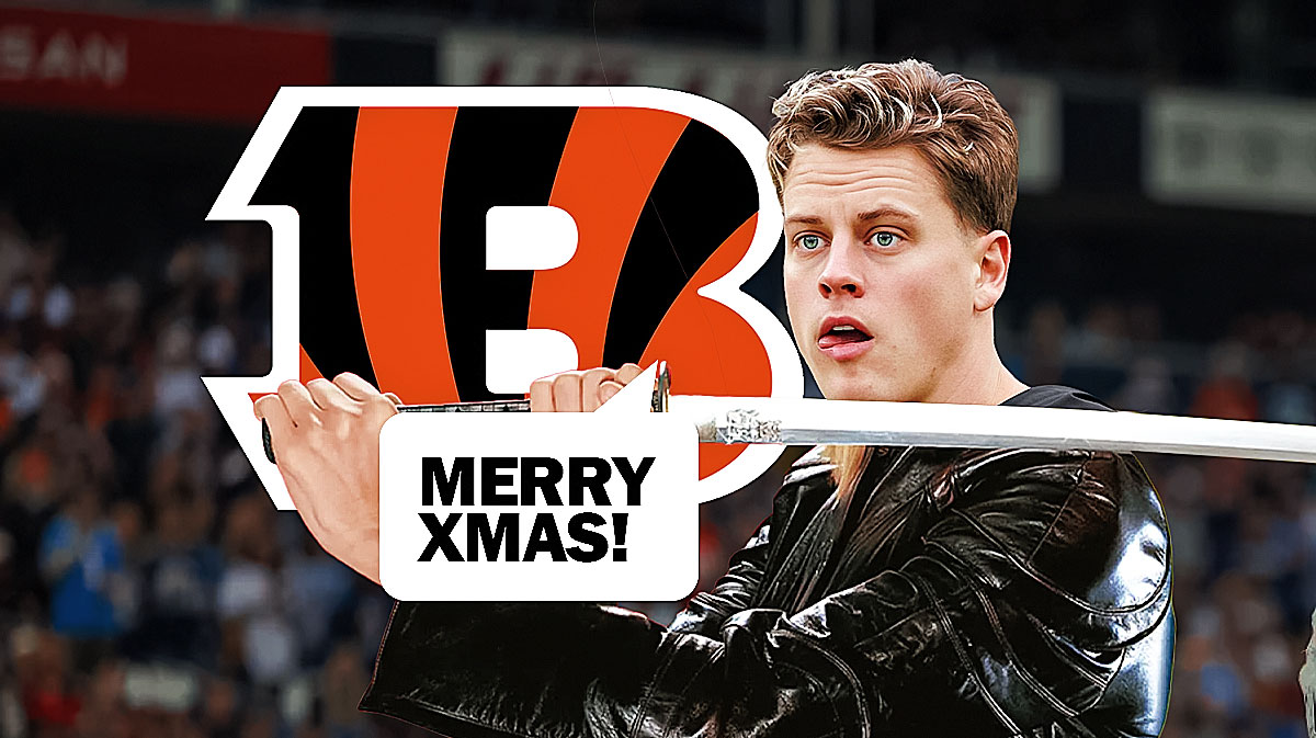 Can we put Cincinnati Bengals QB Joe Burrow's head on one of the photo options below and also include a Bengals logo and a word bubble that says Merry Xmas! as Burrow gave his linemen swords ahead of a matchup against the browns.