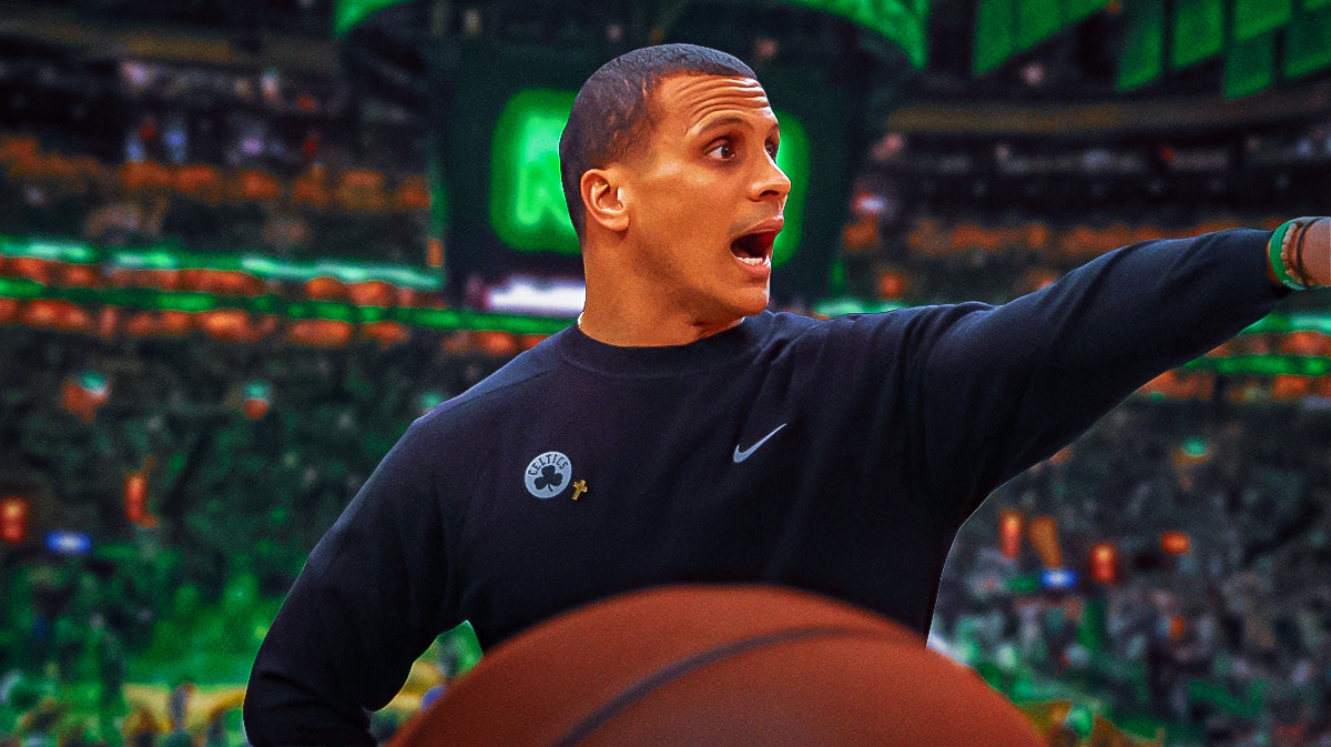 Boston Celtics head coach Joe Mazzulla yelling in front of TD Garden.