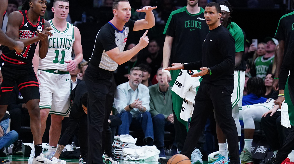 Boston Celtics head coach Joe Mazzulla reacts after called for a technical foul as they take on the Chicago Bulls in the second half at TD Garden.