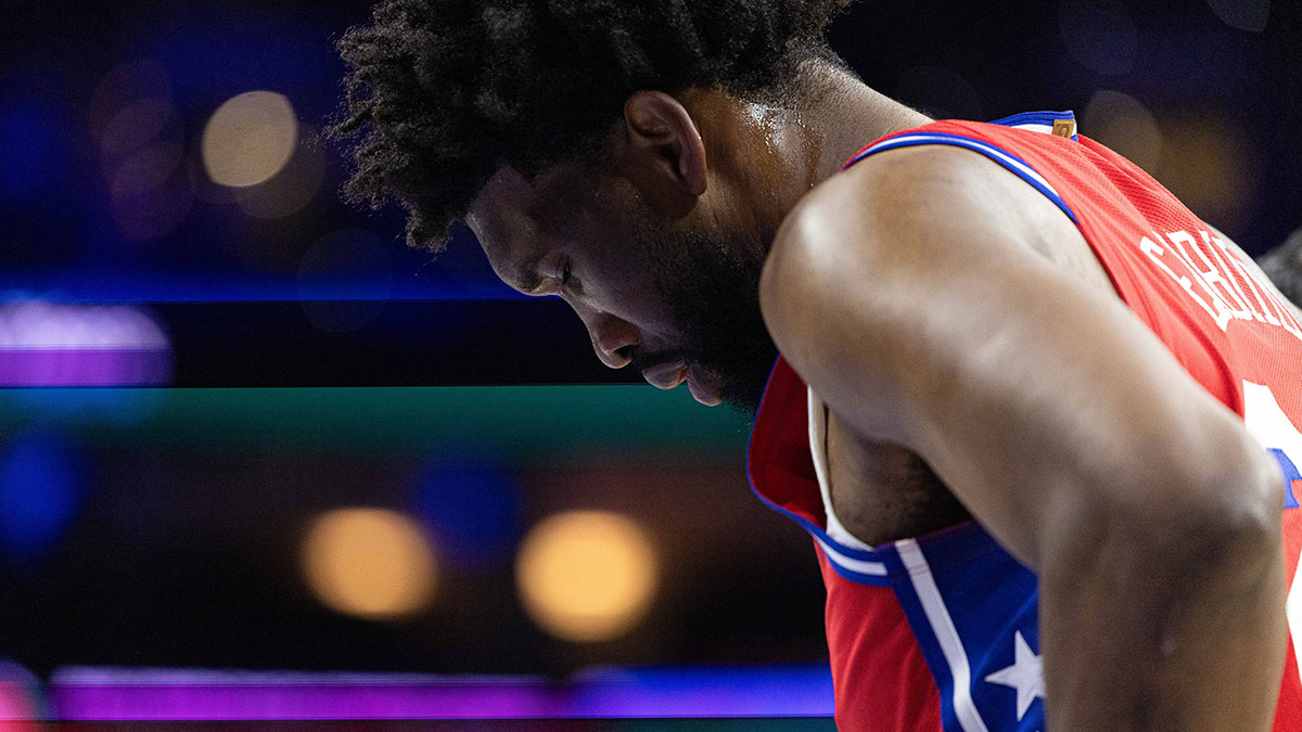 Philadelphia 76ers center Joel Embiid (21) looks on during a break in action in the first quarter against the Indiana Pacers at Wells Fargo Center.
