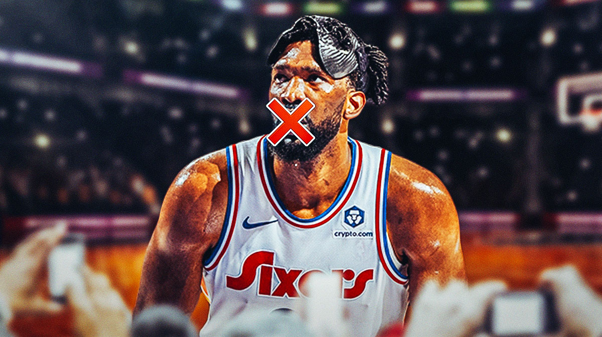 76ers' Joel Embiid with a red X over his mouth