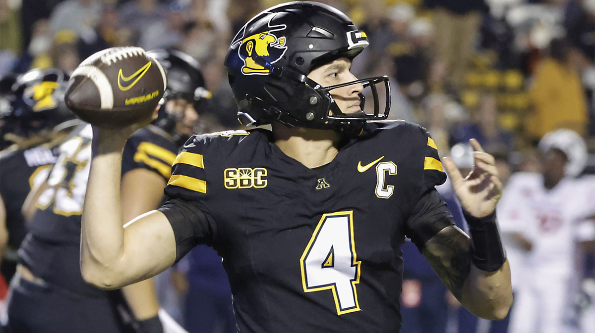 Sep 19, 2024; Boone, North Carolina, USA; Appalachian State Mountaineers quarterback Joey Aguilar (4) throws a pass against the South Alabama Jaguars during the second quarter at Kidd Brewer Stadium.